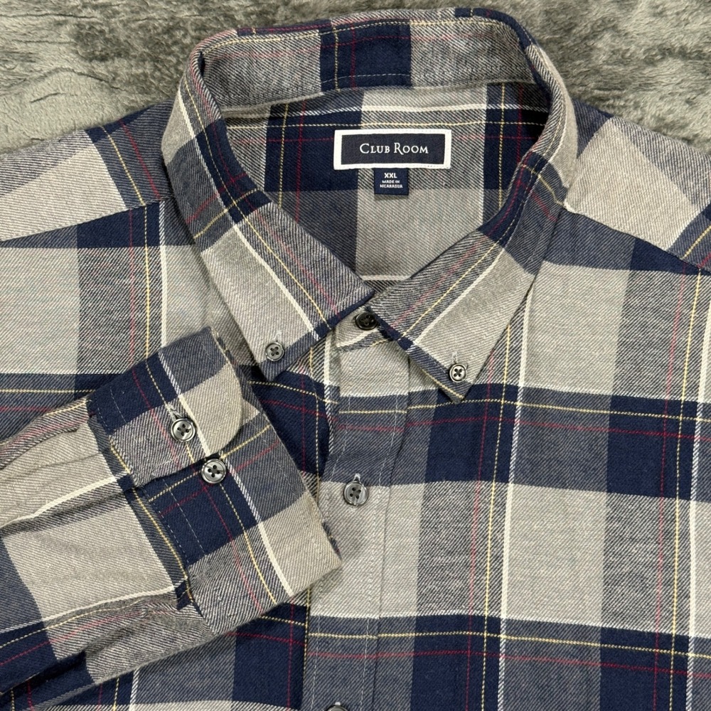 Club Room Button‎ Down Shirt Mens XXL Grey Navy Blue Plaid Flannel